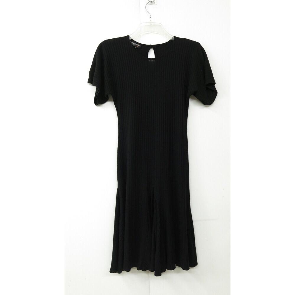 Vtg 80's Minimalist Champagne West Black Ribbed Fit Flare Black Dress SZ M